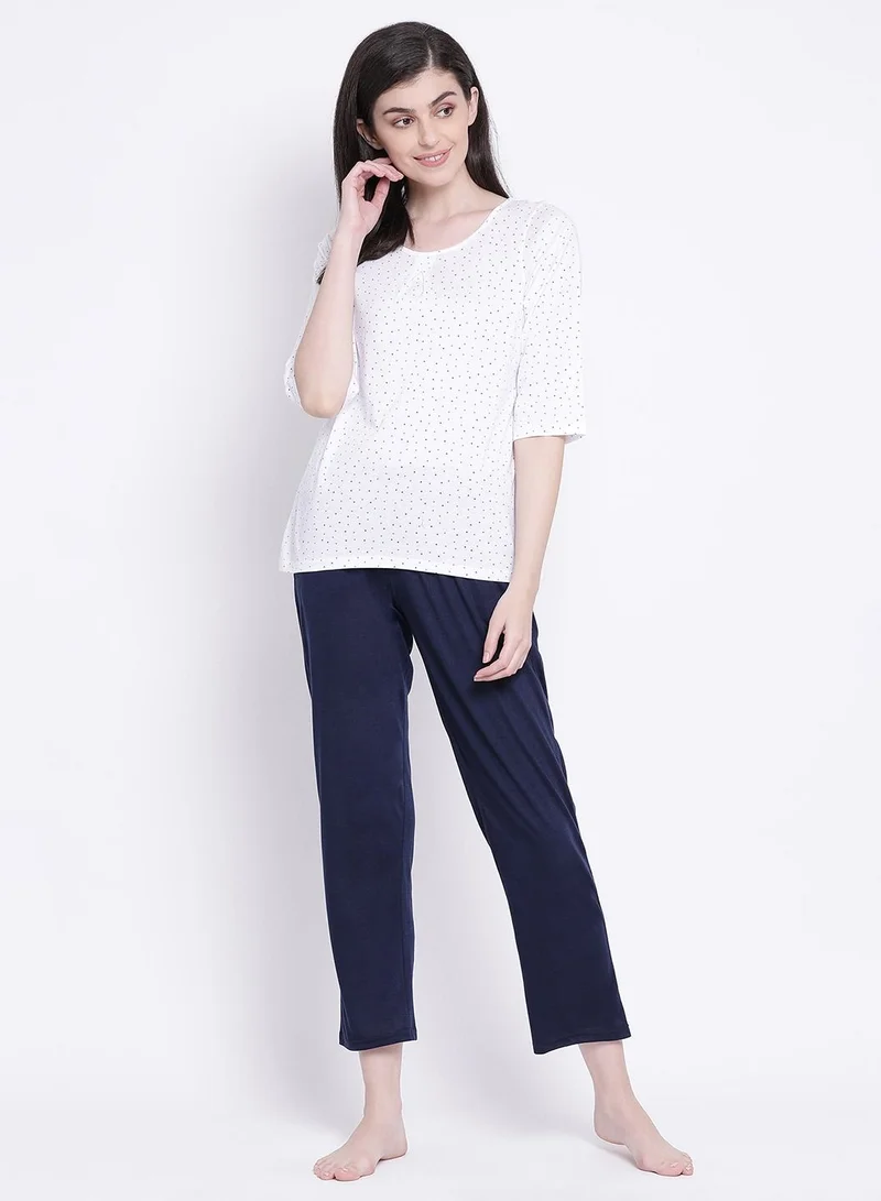 كلوفيا Clovia Polka Print Top and Pyjama Set in White and Navy - Cotton Rich
