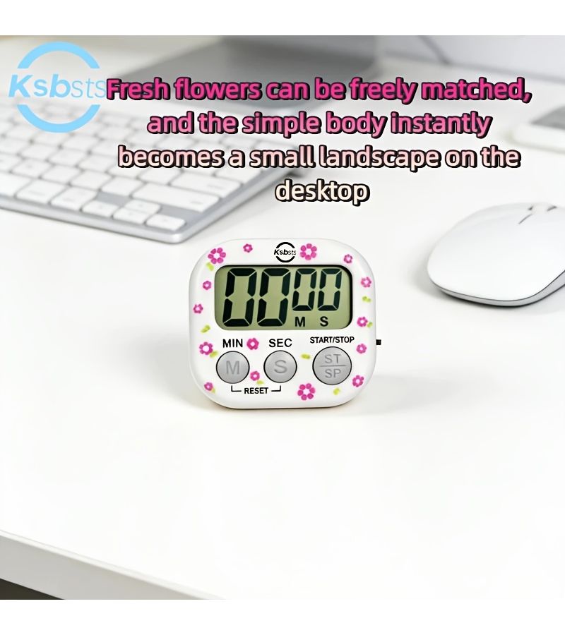 Floral Digital Kitchen Timer 99 Minute Countdown LCD Display Start Stop Reset Magnetic Back Panel Loud Alarm Battery Powered White Machine With Gray Keys And Small Floral Pattern - Image 4