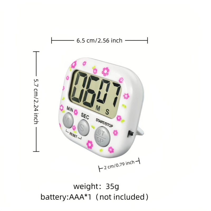 Floral Digital Kitchen Timer 99 Minute Countdown LCD Display Start Stop Reset Magnetic Back Panel Loud Alarm Battery Powered White Machine With Gray Keys And Small Floral Pattern - Image 3