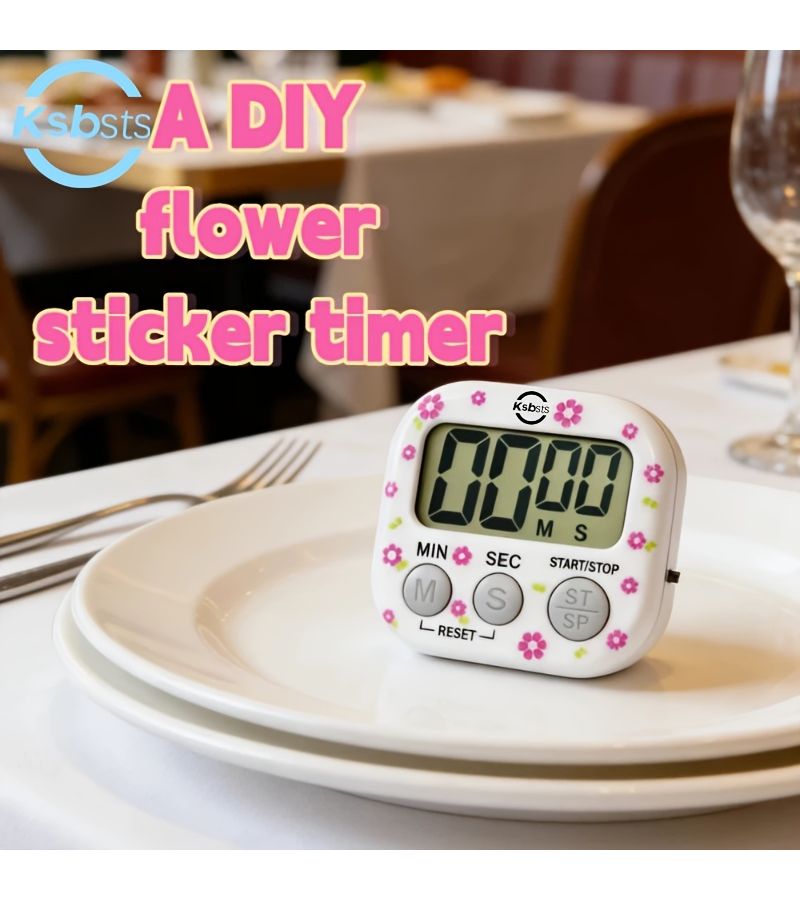 Floral Digital Kitchen Timer 99 Minute Countdown LCD Display Start Stop Reset Magnetic Back Panel Loud Alarm Battery Powered White Machine With Gray Keys And Small Floral Pattern - Image 1