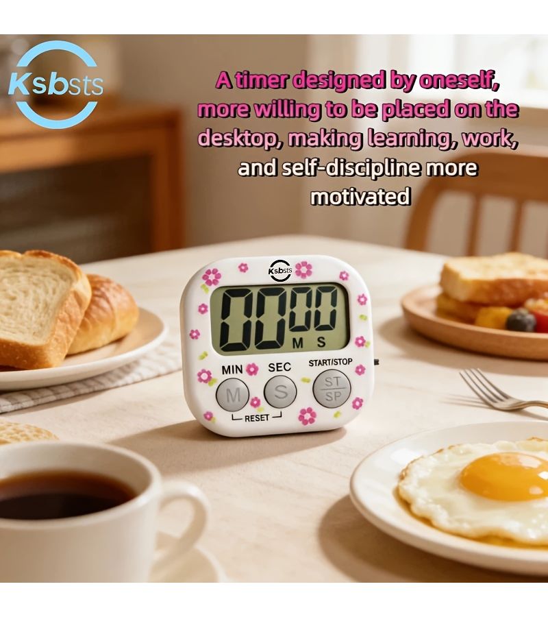 Floral Digital Kitchen Timer 99 Minute Countdown LCD Display Start Stop Reset Magnetic Back Panel Loud Alarm Battery Powered White Machine With Gray Keys And Small Floral Pattern - Image 2