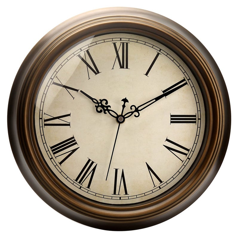 Plumeet Large Metal Wall Clock 13 Non Ticking Classic Retro Silent Iron Clocks Decorative Kitchen Living Room Bedroom Roman Numerals Battery OperatedBrown