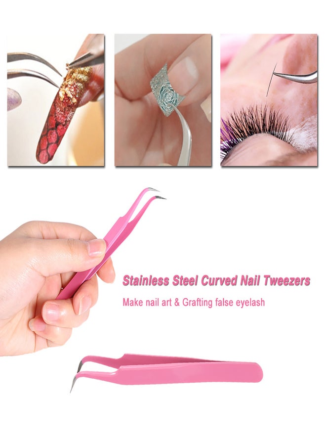 2Pcs/set Stainless Steel Pink Straight/Curved Nail Tweezers Nippers Tools Eyelash Extension Tweezers Pointed Clip Makeup Tools - Image 3