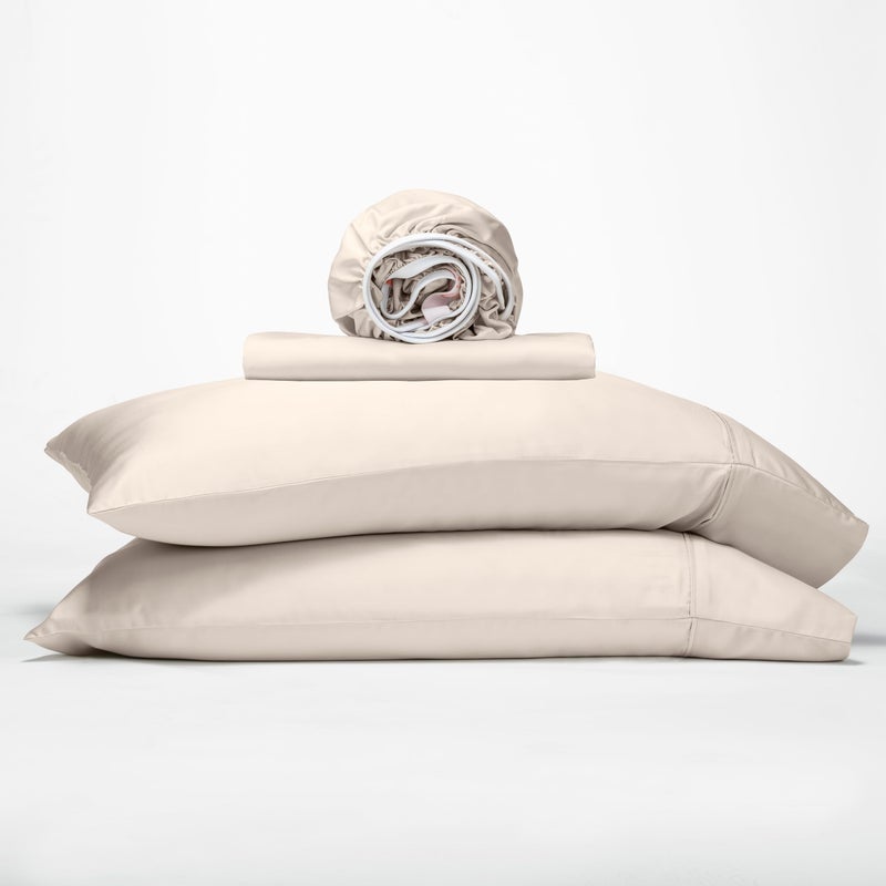 GOKOTTA King Size Bed Sheets 4 Piece Set  100% Rayon Derived from Bamboo  Cooling for Hot Sleepers-Luxury Breathable Soft Sheets  Deep Pocket 16"" Fitted Sheet with Elastic Corner Straps  Light Beige - Image 1