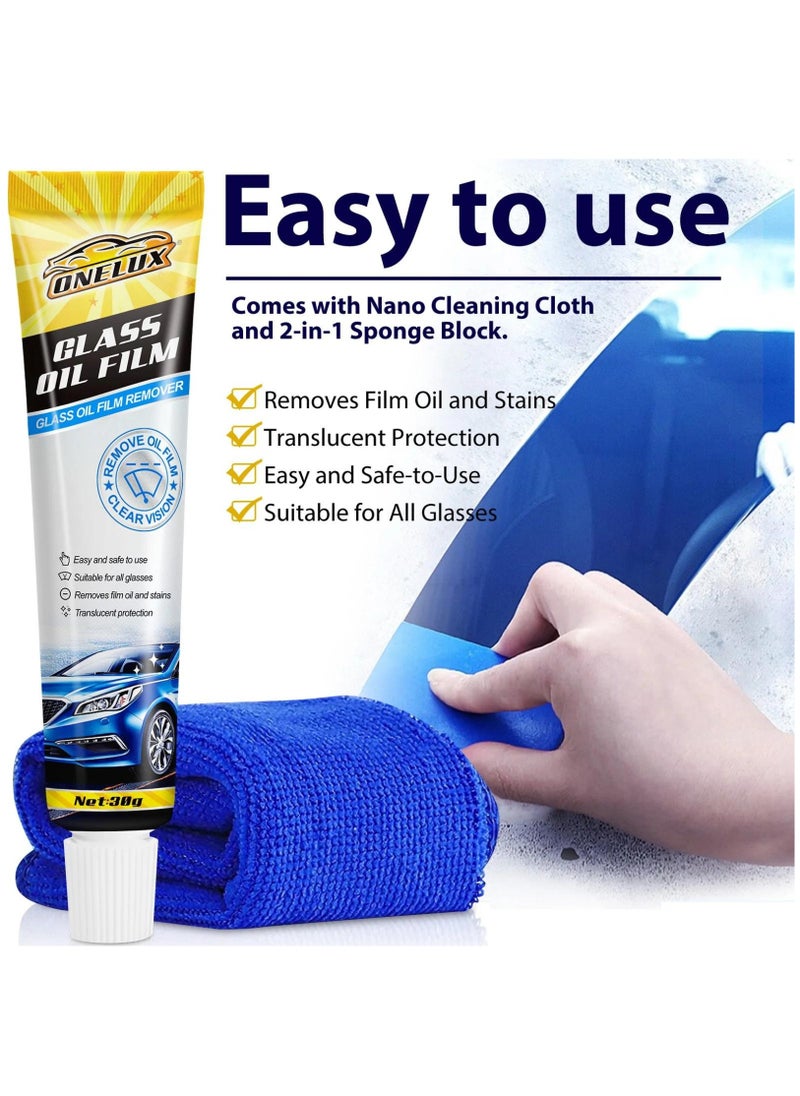 ONELUX Car Glass Oil Film Stain Removal Cleaner 100% for Glass Clear Oil Film Remover for Glass Window Oil Film Remover Small Towel and Sponge Inside the Box  - Image 3