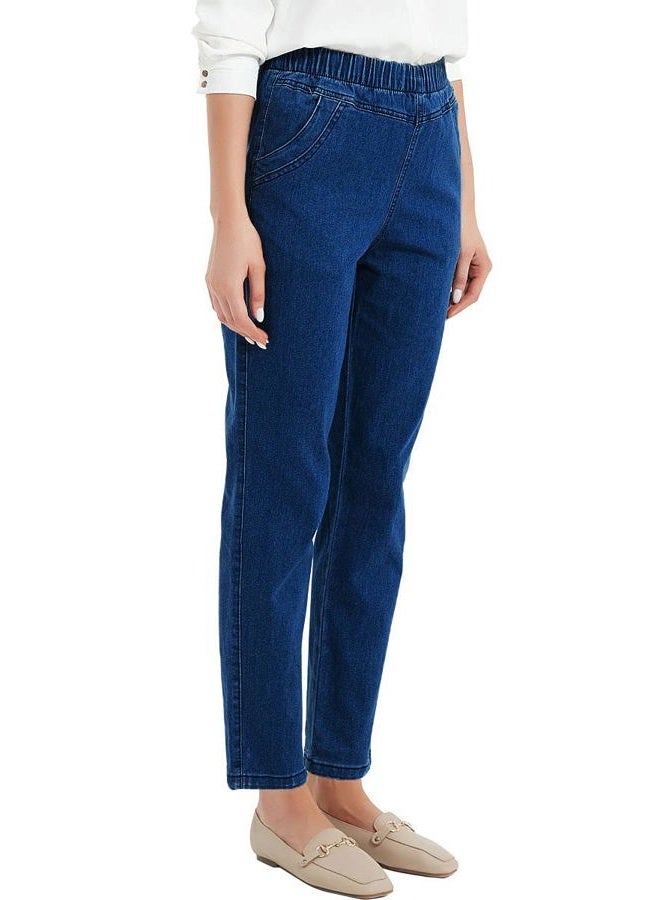 Soojun Women's Elastic Waist Jeans Stretch Pull On Pants, Blue, Medium - Image 4
