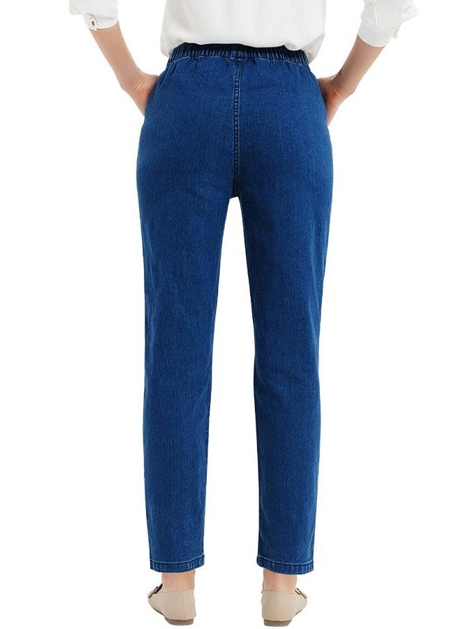 Soojun Women's Elastic Waist Jeans Stretch Pull On Pants, Blue, Medium - Image 2