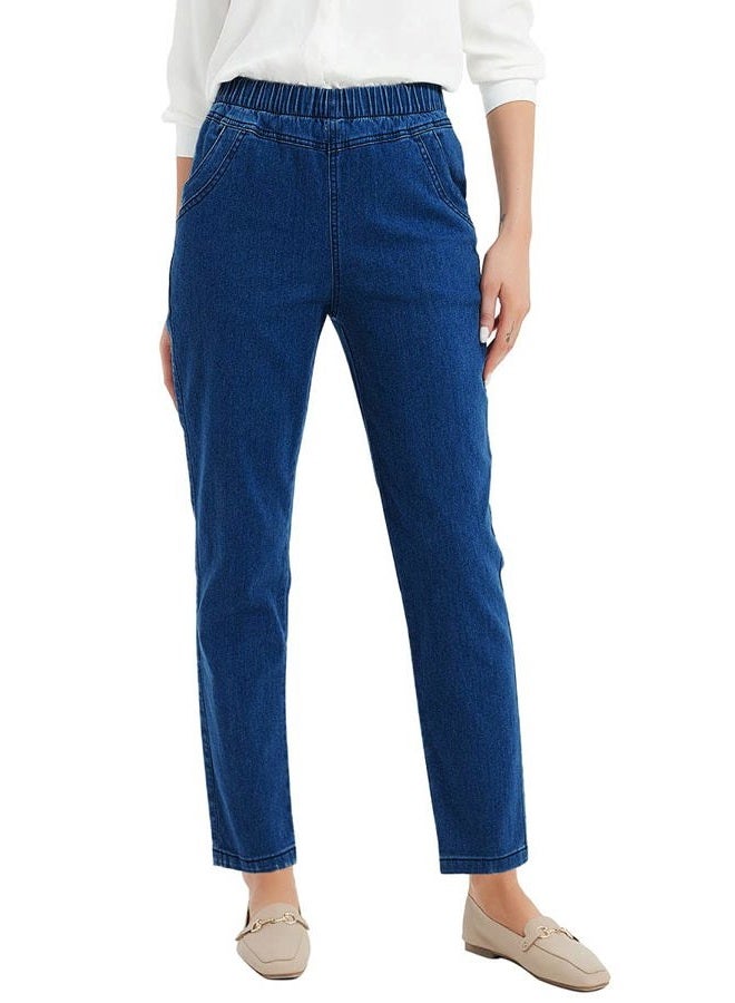 Soojun Women's Elastic Waist Jeans Stretch Pull On Pants, Blue, Medium - Image 1