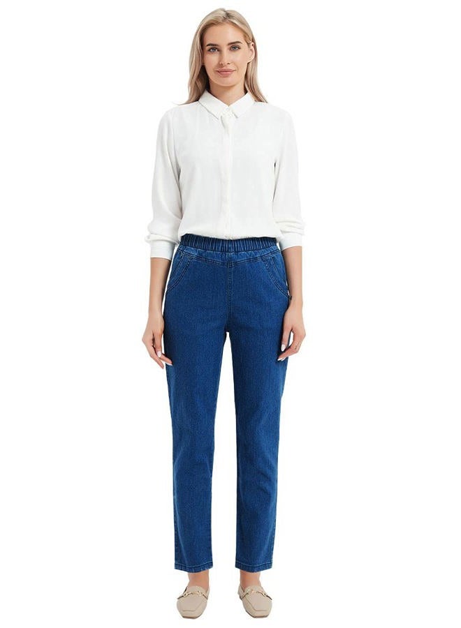 Soojun Women's Elastic Waist Jeans Stretch Pull On Pants, Blue, Medium - Image 5