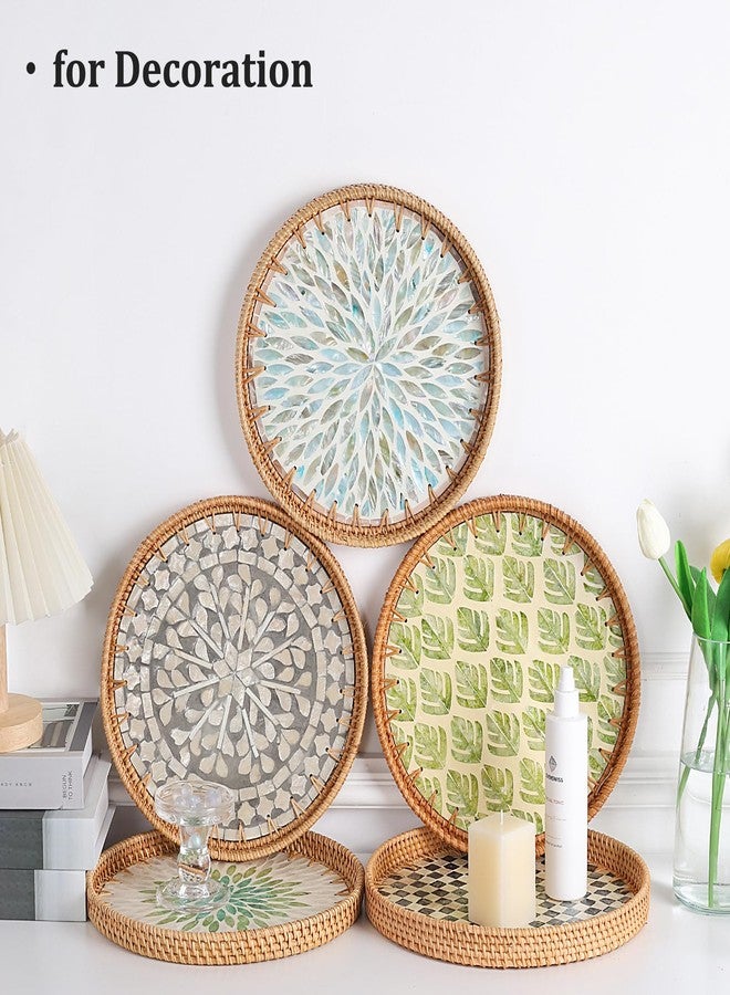 Tynulox Round Rattan Serving Tray, Coffee Table Tray with Mother of Pearl Inlay, Exquisite Wicker Basket for Coffee, Bread, Fruits, Snacks, Table Decor (Ambilight, 11.8") - Image 3