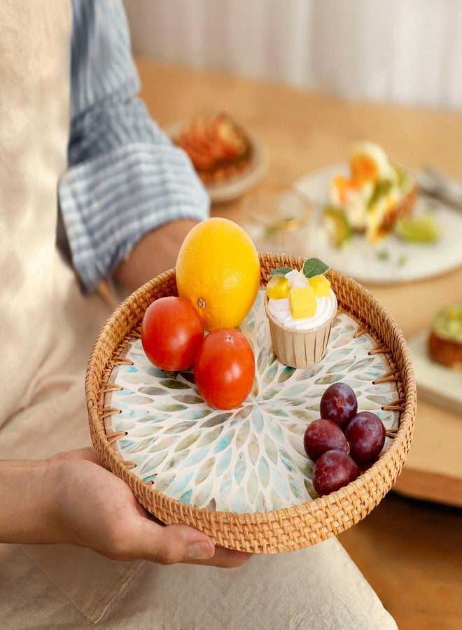 Tynulox Round Rattan Serving Tray, Coffee Table Tray with Mother of Pearl Inlay, Exquisite Wicker Basket for Coffee, Bread, Fruits, Snacks, Table Decor (Ambilight, 11.8") - Image 4