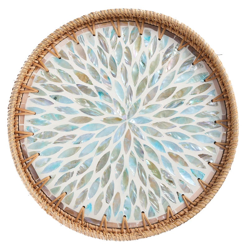 Tynulox Round Rattan Serving Tray, Coffee Table Tray with Mother of Pearl Inlay, Exquisite Wicker Basket for Coffee, Bread, Fruits, Snacks, Table Decor (Ambilight, 11.8") - Image 1
