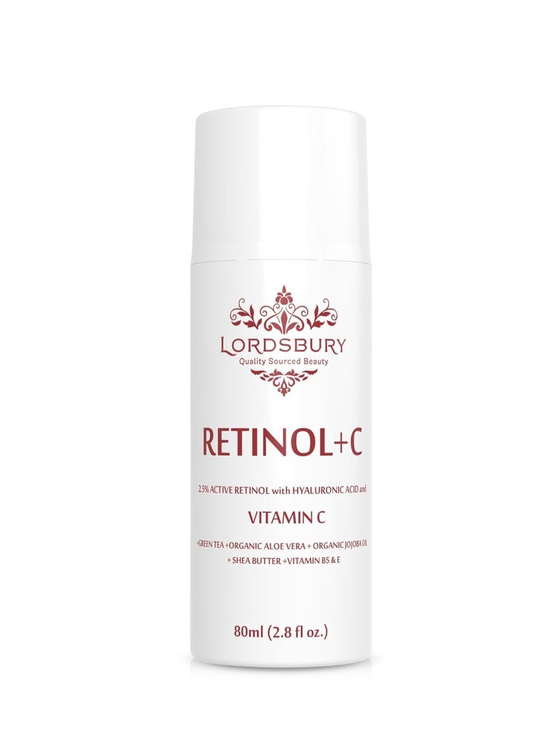 Lordsbury Anti Aging Retinol Cream Moisturizer w Vitamin C and Hyaluronic Acid - Large 2.8 fl oz - Pure Retinol 2.5% + Vitamin C + Organic Aloe - Day & Night on Face, Neck, Hands for Wrinkles - Lordsbury 