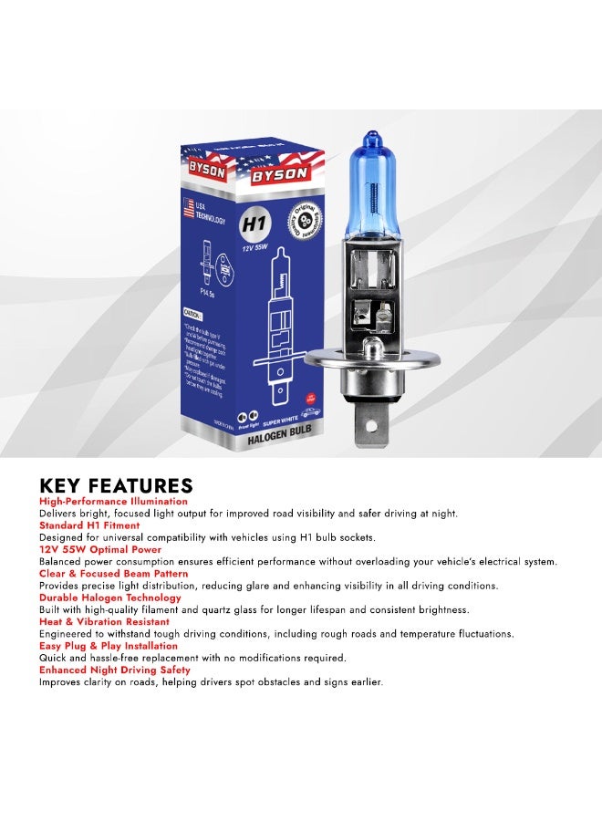BYSON S/W H1 Halogen Headlight Bulb, 12V 55W Super White Car Light, Ultra Bright Beam with Long Life Performance, Premium Auto Lamp for Night Driving, Clear Vision and Fog Lamp Safety - Image 5