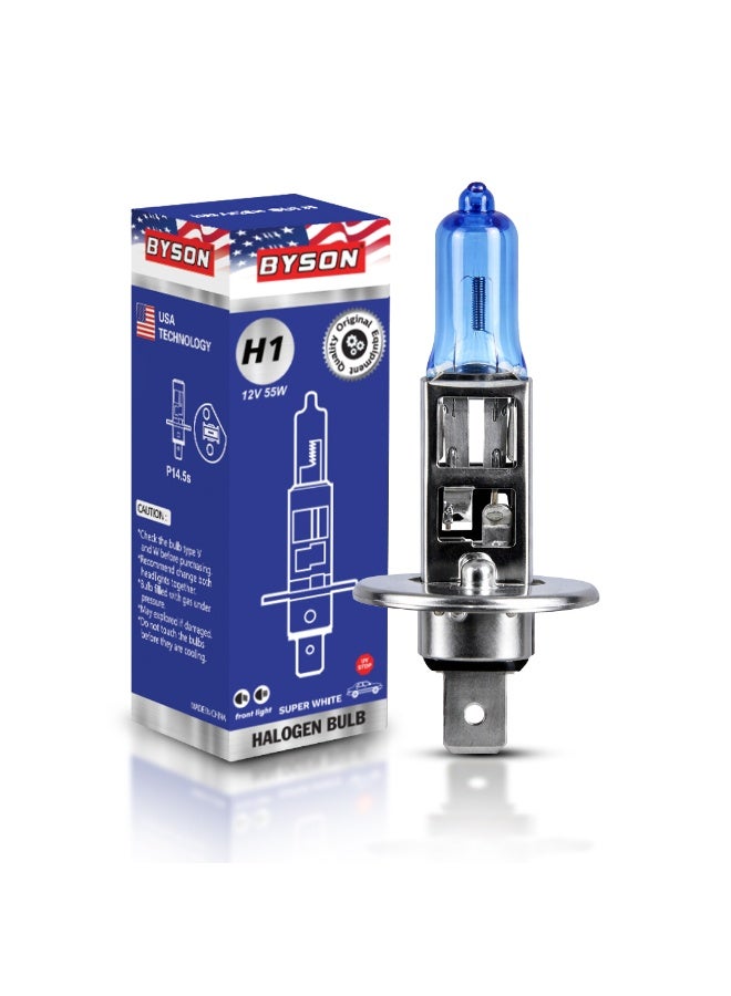 BYSON S/W H1 Halogen Headlight Bulb, 12V 55W Super White Car Light, Ultra Bright Beam with Long Life Performance, Premium Auto Lamp for Night Driving, Clear Vision and Fog Lamp Safety - Image 1