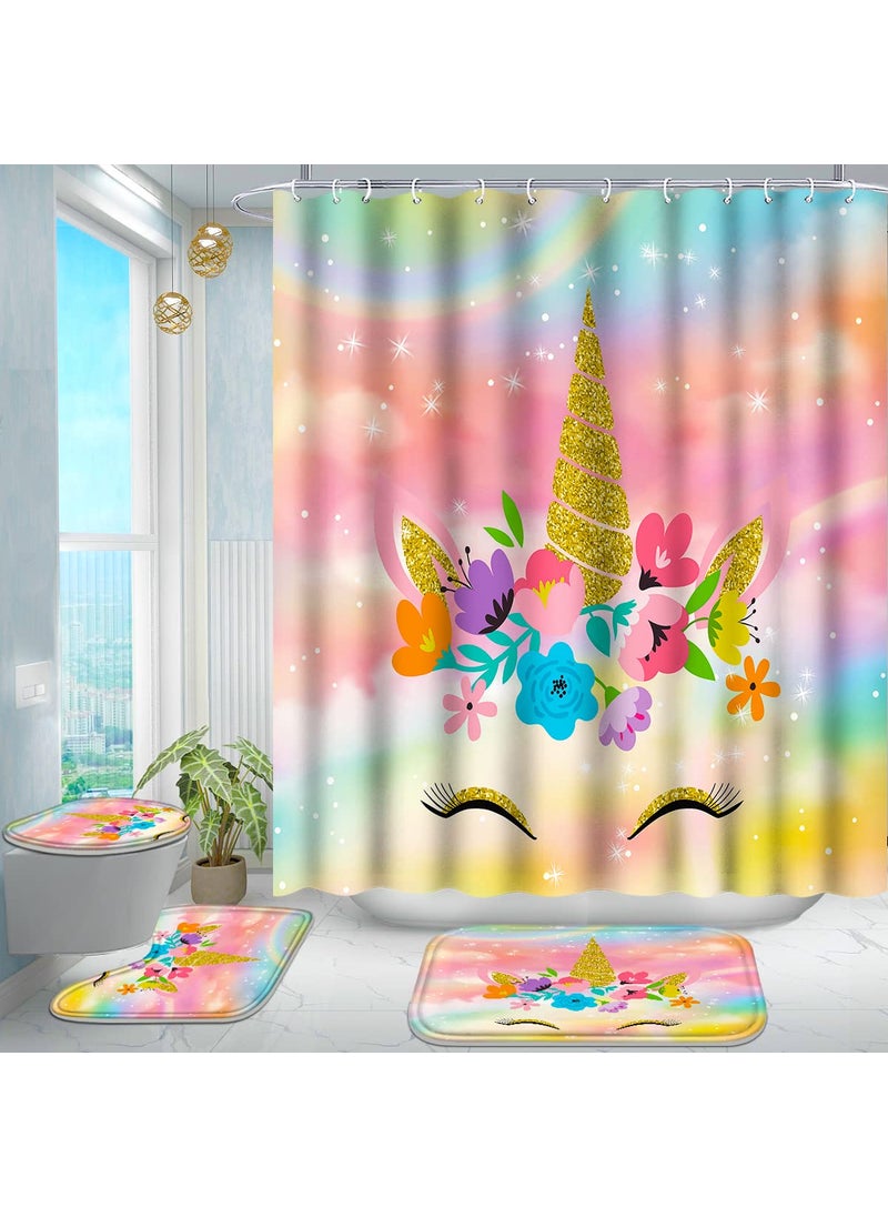 Poedist Poedist 4 Pcs Bathroom Shower Curtain SetKids Bathroom Sets with RugsBath MatU Shape and Toilet Lid Cover Mat and 12 Metal HooksMulticolor Cute Flowers 