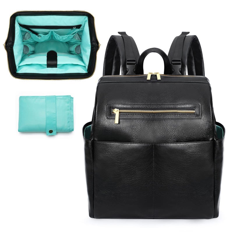 حقيبة ظهر مومنسيد لحفاضات الأطفال جلدية مع 16 جيب للأم والأب وسجل المواليد تناسب لابتوب بحجم 15 بوصة و4 جيوب معزولة وسادة تغيير باللون الأسود