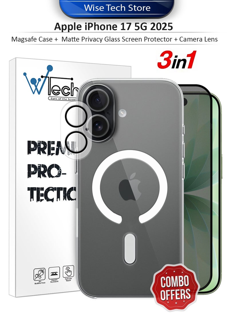 Wtech Apple iPhone 17 5G 2025 3 in 1 Protection Pack Ultra Clear Shockproof Magsafe Case, Matte Privacy Screen Protector and Camera Lens Protector 360 Protection, Easy Installation - Clear/Black - Image 1