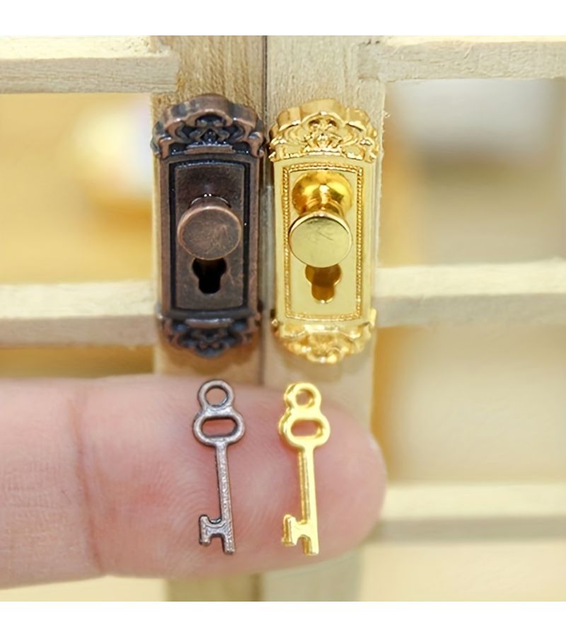 1 12 Scale Aeneous Miniature Door Lock Long Handle Golden End Home Decor Gift - Image 3