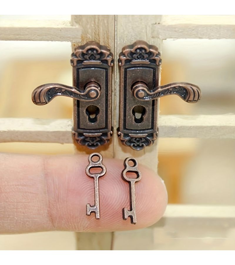 1 12 Scale Aeneous Miniature Door Lock Long Handle Golden End Home Decor Gift - Image 2