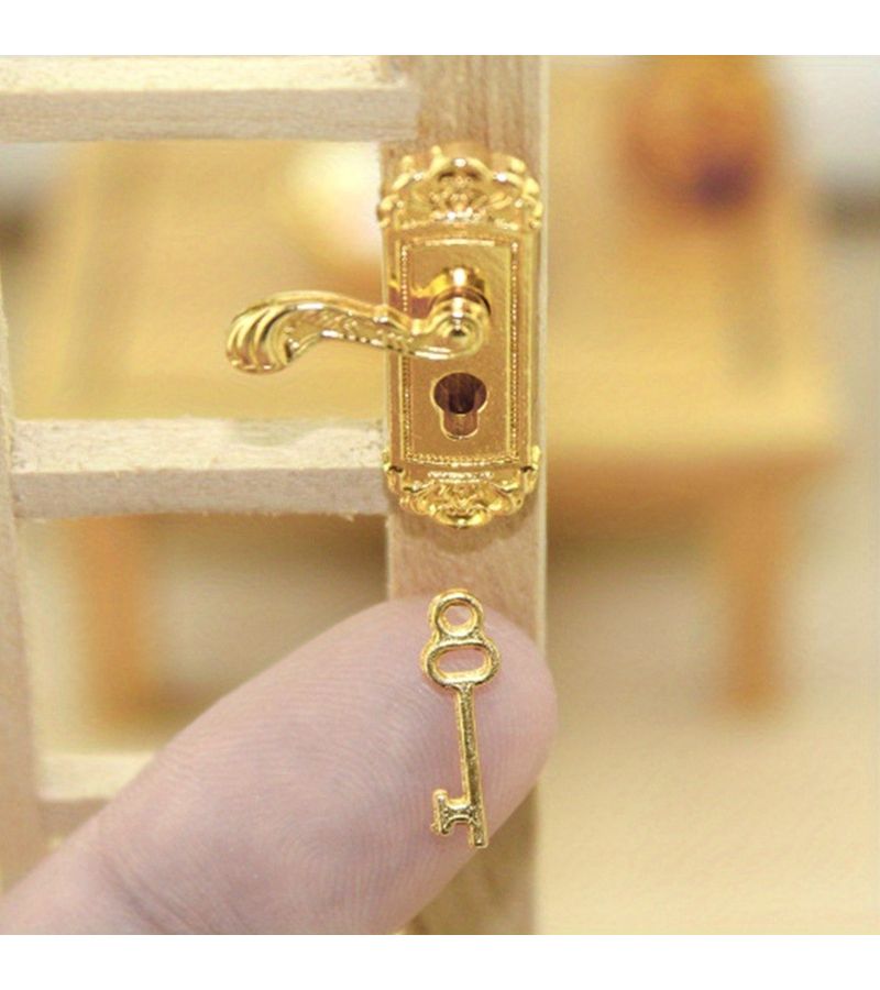 1 12 Scale Aeneous Miniature Door Lock Long Handle Golden End Home Decor Gift - Image 5