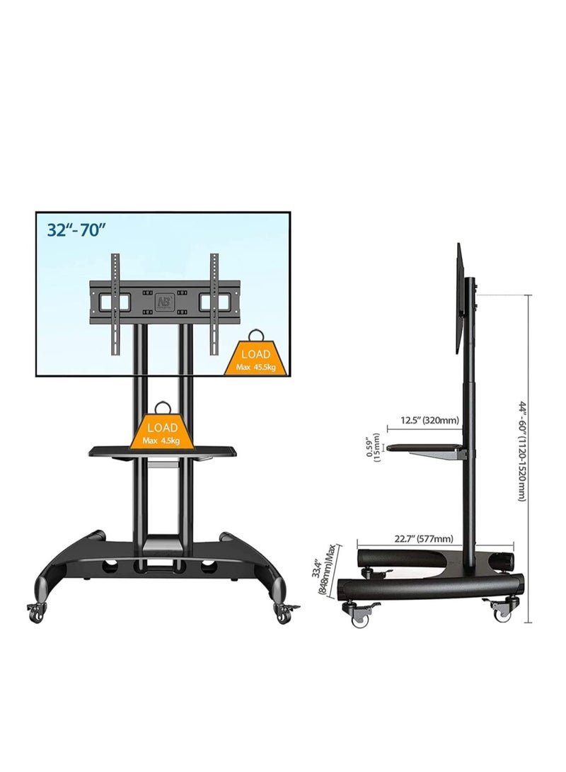 ELTRAZONE حامل تلفزيون متنقل مع عجلات قابلة للقفل لأجهزة تلفزيون بلازما LCD LED مسطحة أو منحنية مقاس 32 إلى 70 بوصة حتى وزن 100 رطل - ارتفاع قابل للتعديل (32-70 بوصة) - Image 2