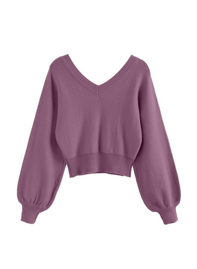 ZAFUL Women's Cropped Sweater V-Neck Long Sleeve Crop Sweater Pullover Jumper Knit Top, 1-red Violet, L - Image 3