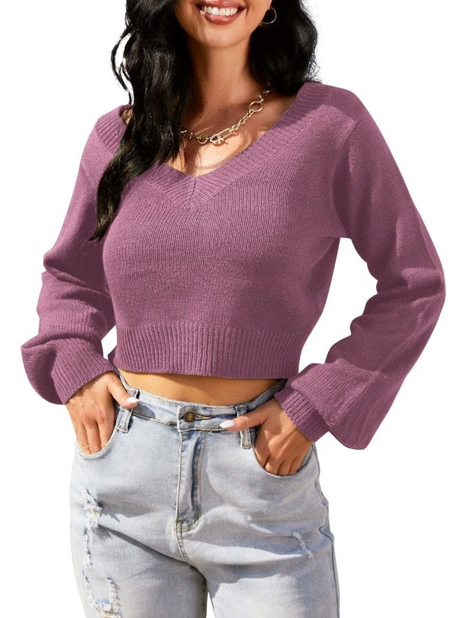 ZAFUL Women's Cropped Sweater V-Neck Long Sleeve Crop Sweater Pullover Jumper Knit Top, 1-red Violet, L - Image 2
