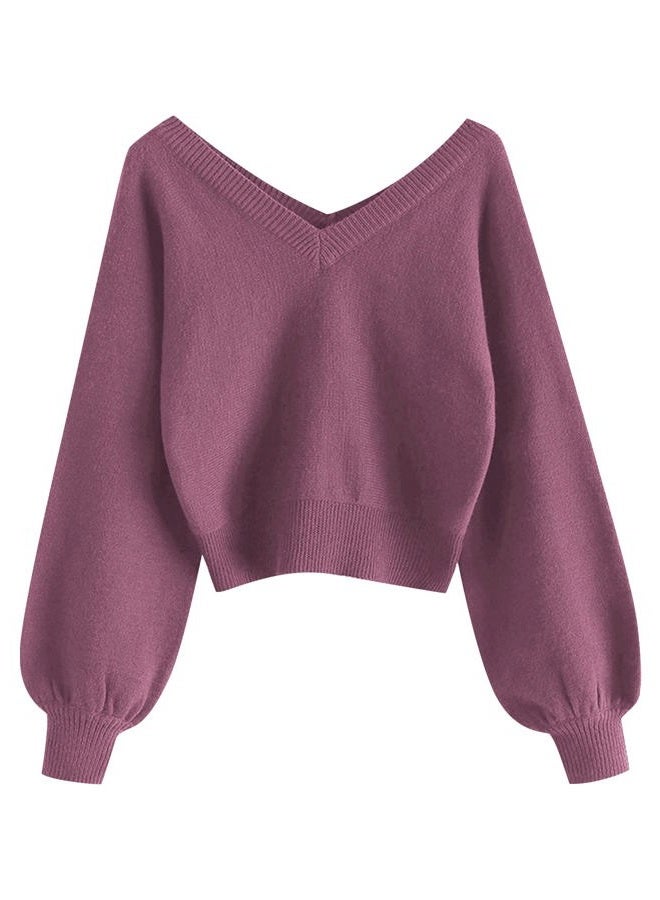 ZAFUL Women's Cropped Sweater V-Neck Long Sleeve Crop Sweater Pullover Jumper Knit Top, 1-red Violet, L - Image 1