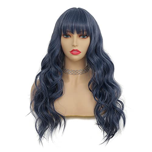 Tseses Blue Curly Wig with Bangs Long Women Wigs Wavy Blue Heat Resistant Synthetic Wigs for Women Daily Party Cosplay Halloween Use（Dark Blue） - Image 2