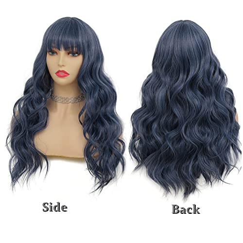 Tseses Blue Curly Wig with Bangs Long Women Wigs Wavy Blue Heat Resistant Synthetic Wigs for Women Daily Party Cosplay Halloween Use（Dark Blue） - Image 3