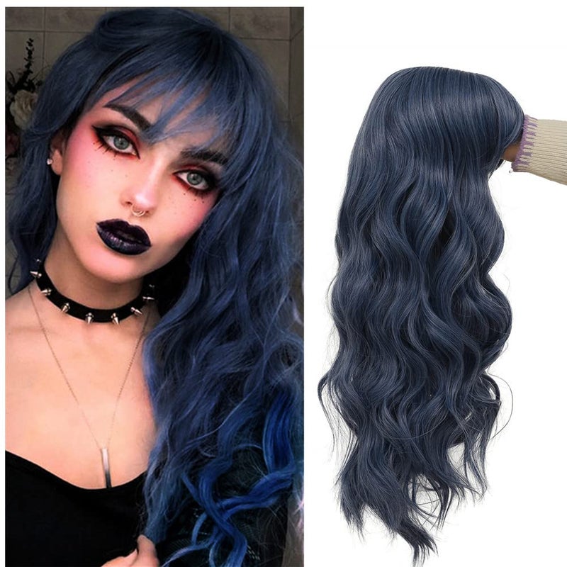 Tseses Blue Curly Wig with Bangs Long Women Wigs Wavy Blue Heat Resistant Synthetic Wigs for Women Daily Party Cosplay Halloween Use（Dark Blue） - Image 5
