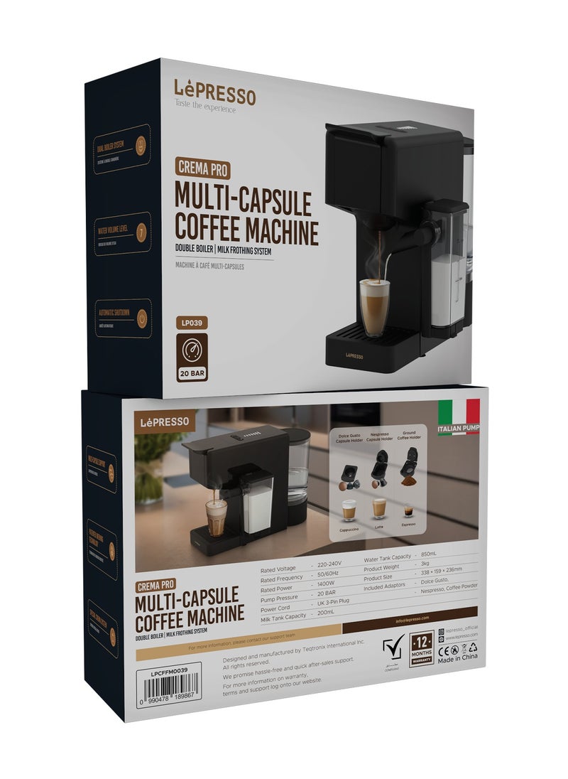 LePRESSO - Crema Pro Multi-Capsule 850mL Coffee Machine with Multi-Capsule Support and Special Cream System / Coffee Maker with Milk Frother and Dual Boiler System / 20 bar Pump Pressure / Dual Boiler System / Water Volume Level - Black - Image 1
