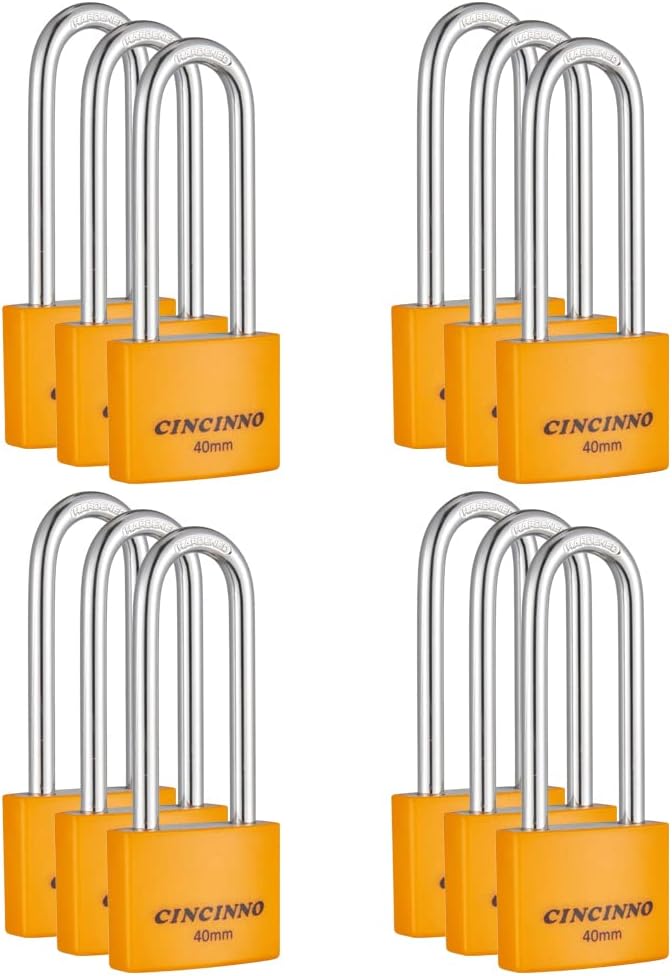 CINCINNO Covered Aluminum Key Lock, Extra Long Shackle Pad Lock with Same Key for Sheds, Storage Unit, School Gym Locker, Toolbox, 12 Pack - Image 1