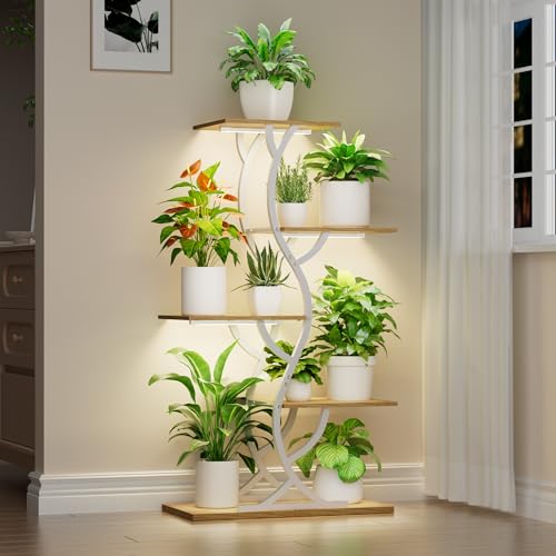 EVAWOO Plant Stand Indoor with Grow Lights - 44" Tall Corner Plant Stands for Indoor Plants, 5 Tiered Metal Plant Shelf, Curved Plant Flower Holder Dispaly Rack for Living Room, Home Patio Balcony (White) - Image 1