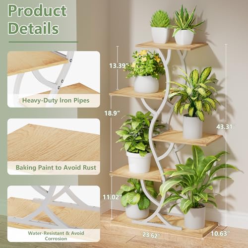 EVAWOO Plant Stand Indoor with Grow Lights - 44" Tall Corner Plant Stands for Indoor Plants, 5 Tiered Metal Plant Shelf, Curved Plant Flower Holder Dispaly Rack for Living Room, Home Patio Balcony (White) - Image 2