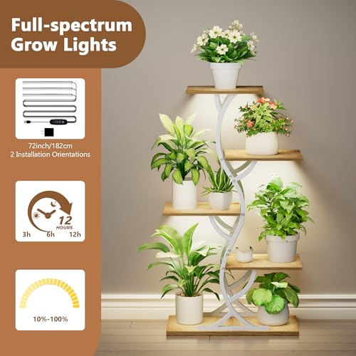 EVAWOO Plant Stand Indoor with Grow Lights - 44" Tall Corner Plant Stands for Indoor Plants, 5 Tiered Metal Plant Shelf, Curved Plant Flower Holder Dispaly Rack for Living Room, Home Patio Balcony (White) - Image 4