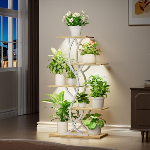 EVAWOO Plant Stand Indoor with Grow Lights - 44" Tall Corner Plant Stands for Indoor Plants, 5 Tiered Metal Plant Shelf, Curved Plant Flower Holder Dispaly Rack for Living Room, Home Patio Balcony (White) - Image 3