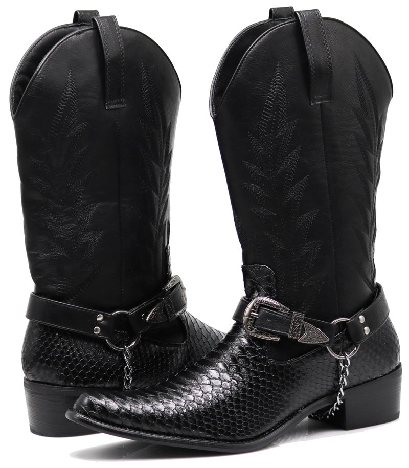 Enzo Romeo JVN Men's Dress Ankle Mid Calf Western Cowboy Boots Alligator Prints Side Zipper Removable Chain Low Heel (Black, US Footwear Size System, Adult, Men, Numeric, Medium, 11) - Image 1