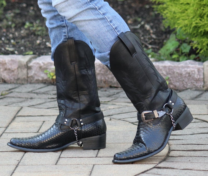 Enzo Romeo JVN Men's Dress Ankle Mid Calf Western Cowboy Boots Alligator Prints Side Zipper Removable Chain Low Heel (Black, US Footwear Size System, Adult, Men, Numeric, Medium, 11) - Image 3