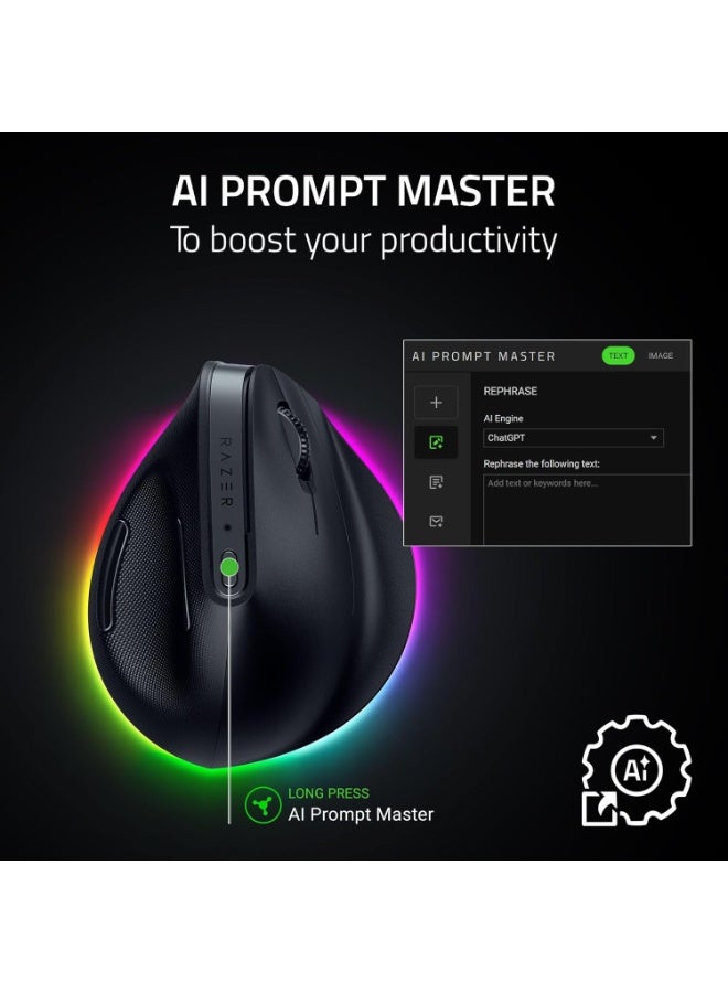 Razer Pro Click V2 Vertical Wireless Mouse: 6 Button Ergonomic Design - One Click AI Prompt - Long Battery Life - Multi Device Connectivity via 2.4GHz, Bluetooth, or USB C Wired Mode - Chroma RGB - Image 3