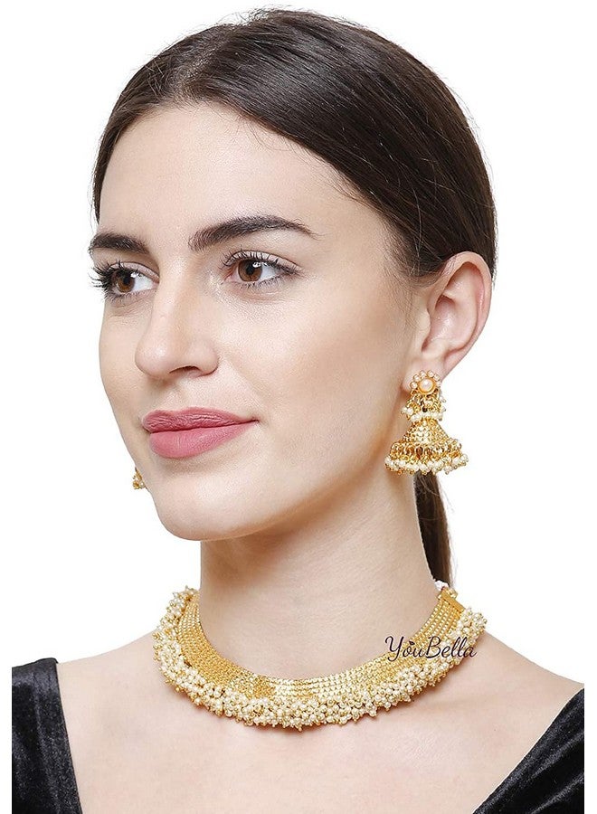 YouBella مجموعة مجوهرات يوبلا للنساء طقم قلادة زفاف من اللؤلؤ مطلي بالذهب مع أقراط وأساور للنساء/الفتيات (2.4) - Image 5