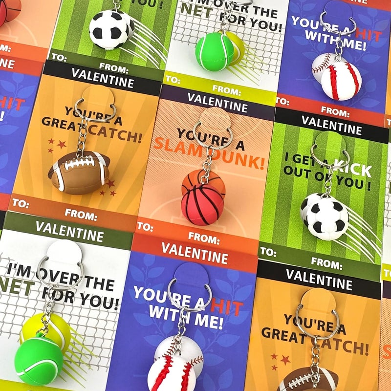 Leetous Sports Valentines Day Cards Gifts for Kids School Classroom 28 Pack PVC Sports Ball Keychains with Exchange Cards for Toddler Boy Girl Valentines Class Party Favors Goodie Treat Bag Stuffer Prizes - Image 3