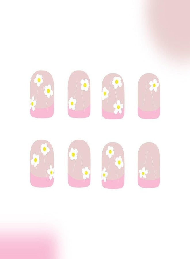 CTTHNBD Pink French Tip Press on Nails Short Square Fake Nails Flower False Nails with Cute Design Glue on Nails Full Cover Stick on Nails Glossy Acrylic Nails Artificial Nails for Women Manicure 24Pcs - Image 4