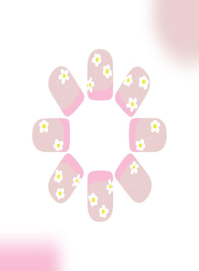 CTTHNBD Pink French Tip Press on Nails Short Square Fake Nails Flower False Nails with Cute Design Glue on Nails Full Cover Stick on Nails Glossy Acrylic Nails Artificial Nails for Women Manicure 24Pcs - Image 3