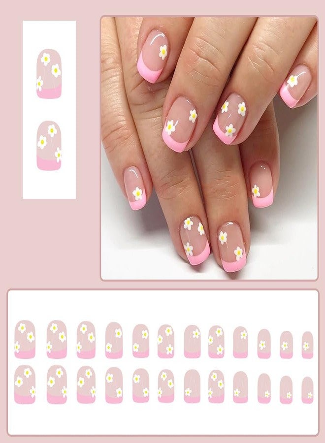 CTTHNBD Pink French Tip Press on Nails Short Square Fake Nails Flower False Nails with Cute Design Glue on Nails Full Cover Stick on Nails Glossy Acrylic Nails Artificial Nails for Women Manicure 24Pcs - Image 2