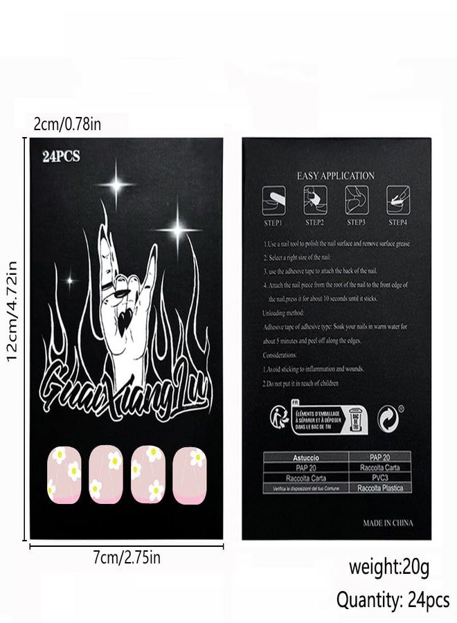 CTTHNBD Pink French Tip Press on Nails Short Square Fake Nails Flower False Nails with Cute Design Glue on Nails Full Cover Stick on Nails Glossy Acrylic Nails Artificial Nails for Women Manicure 24Pcs - Image 5