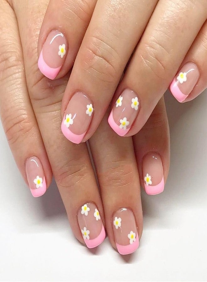 CTTHNBD Pink French Tip Press on Nails Short Square Fake Nails Flower False Nails with Cute Design Glue on Nails Full Cover Stick on Nails Glossy Acrylic Nails Artificial Nails for Women Manicure 24Pcs - Image 1
