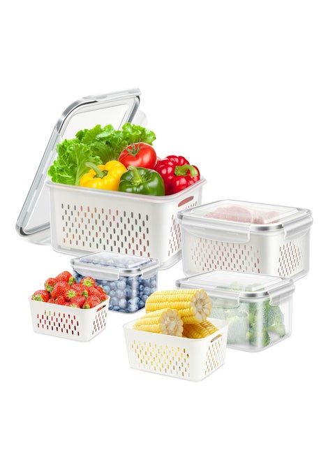 4Pcs Food Storage, Fridge Storage Organizer with Removable Draining Colanders and Lid, Leakproof Fridge Organizer for Fruit, Vegetables, Salad, Berry, Lettuce and Meat Keeper Fresh