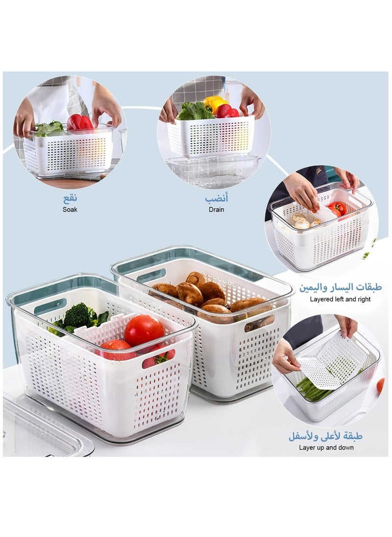4Pcs Food Storage, Fridge Storage Organizer with Removable Draining Colanders and Lid, Leakproof Fridge Organizer for Fruit, Vegetables, Salad, Berry, Lettuce and Meat Keeper Fresh